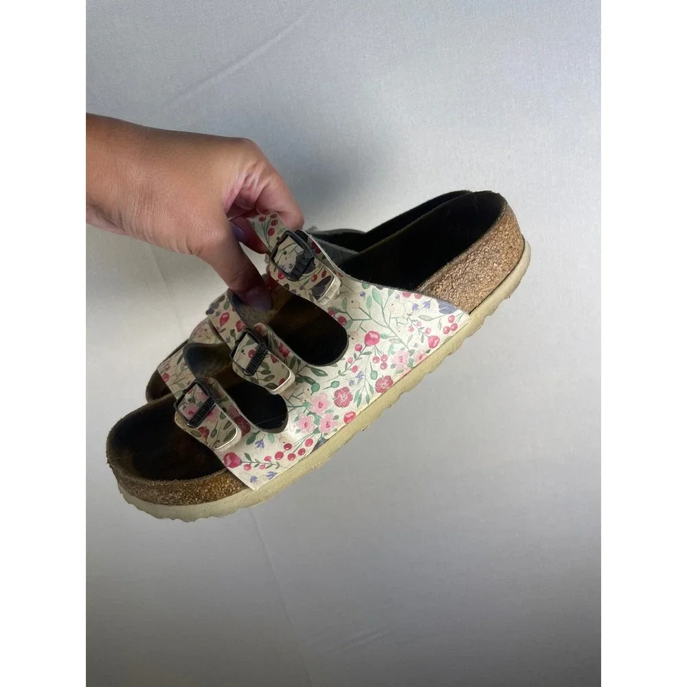 Birkenstock Florida Floral Three Strap Slide Sandals Cream Multicolor Size 36